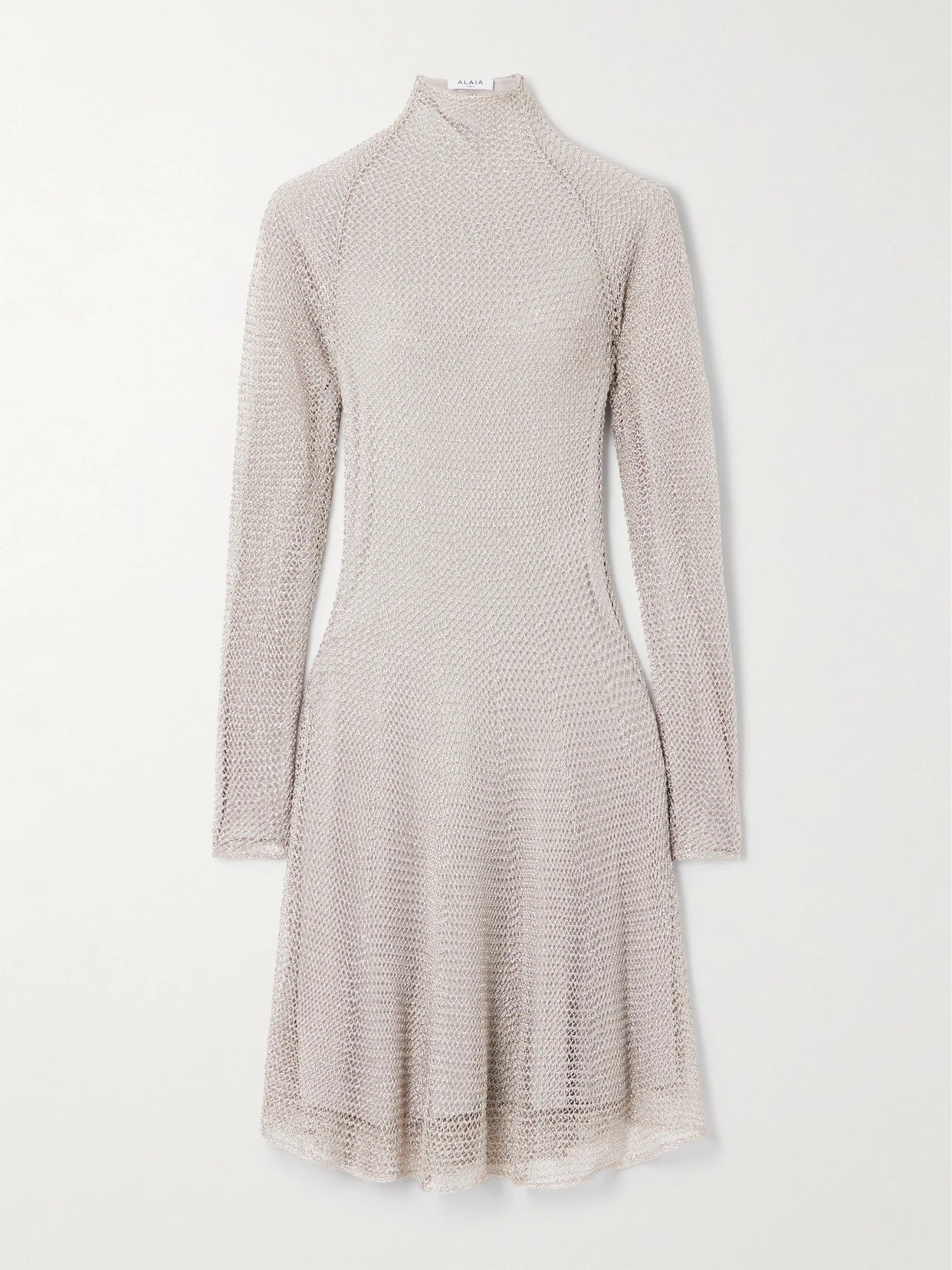 Image of Dresses. Product name - Metallic Open-knit Turtleneck Mini Dress in Silver colour by brand - Alaïa