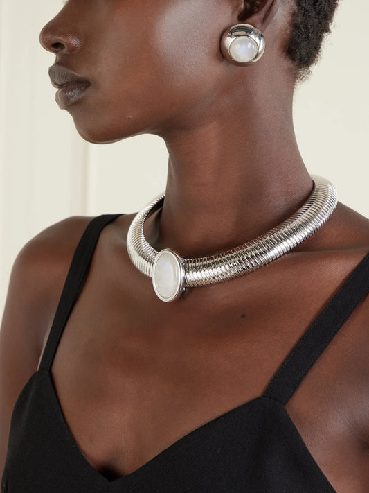 Image of Earrings. Product name - Bombé Rhodium-plated Moonstone Earrings in Silver colour by brand - Julietta