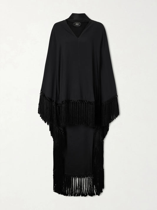 Image of Dresses. Product name - Cecil Fringed Crepe Kaftan in Black colour by brand - Taller Marmo