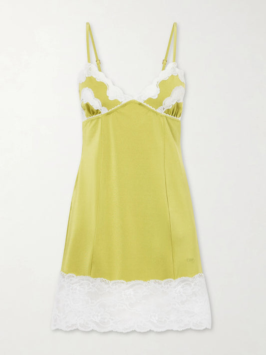 Image of Dresses. Product name - Lace-trimmed Satin Mini Dress in Yellow colour by brand - Chloé