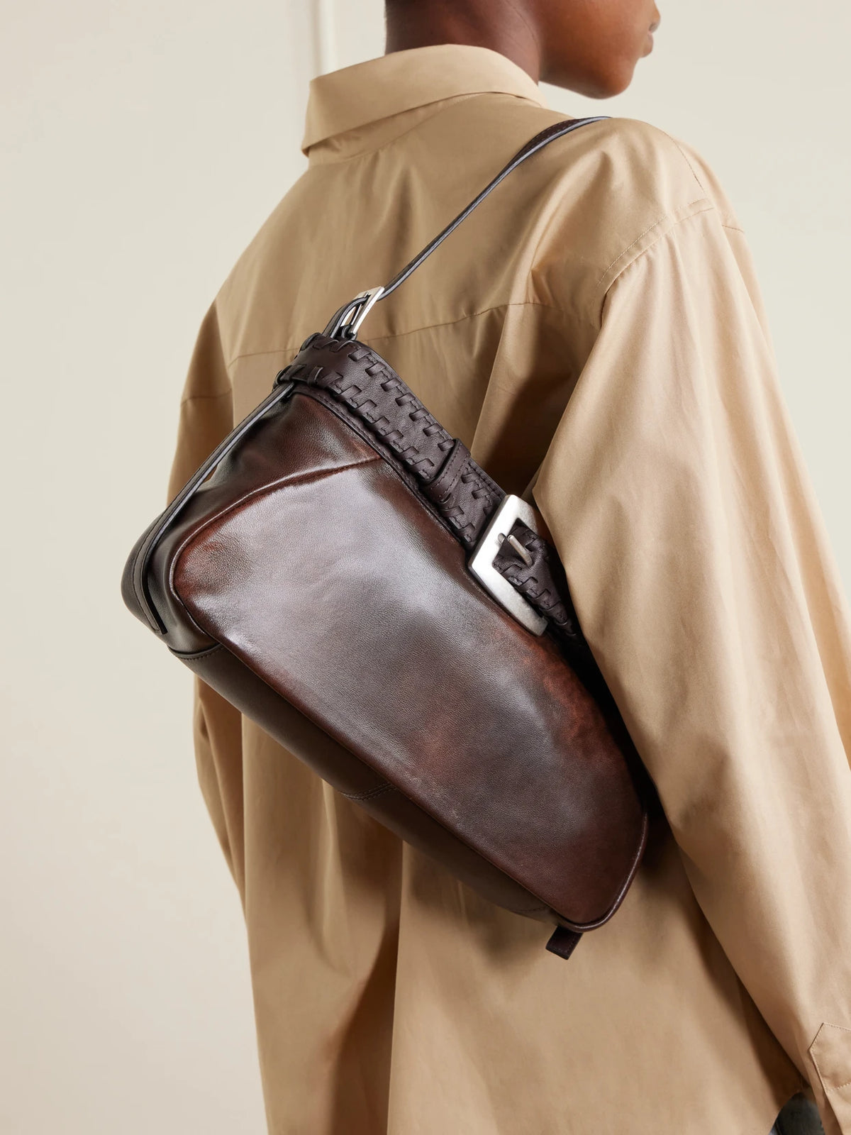Image of Bags. Product name - Brooklyn Belted Leather Shoulder Bag in Brown colour by brand - STAUD