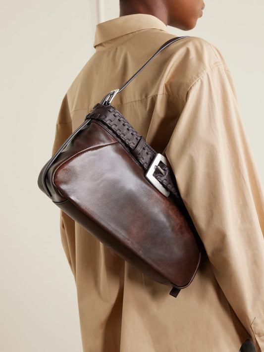 Image of Bags. Product name - Brooklyn Belted Leather Shoulder Bag in Brown colour by brand - STAUD