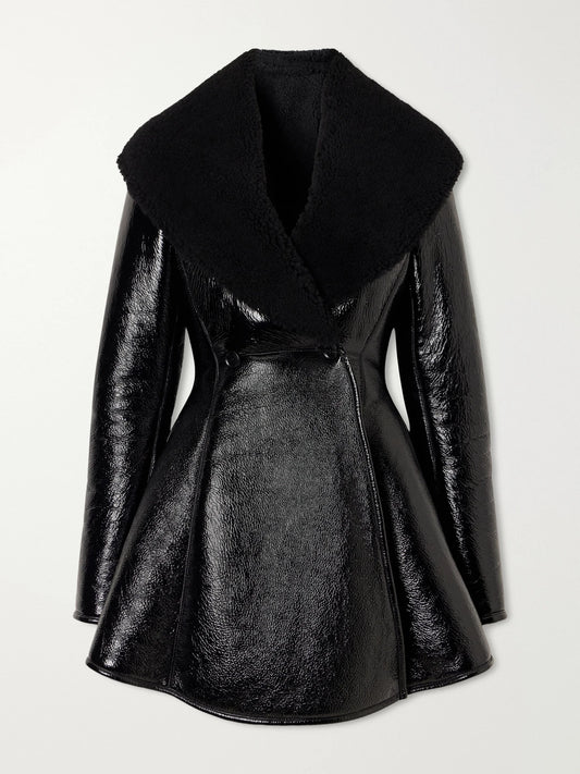 Alaïa Double-breasted Paneled Shearling-trimmed Glossed-leather Coat