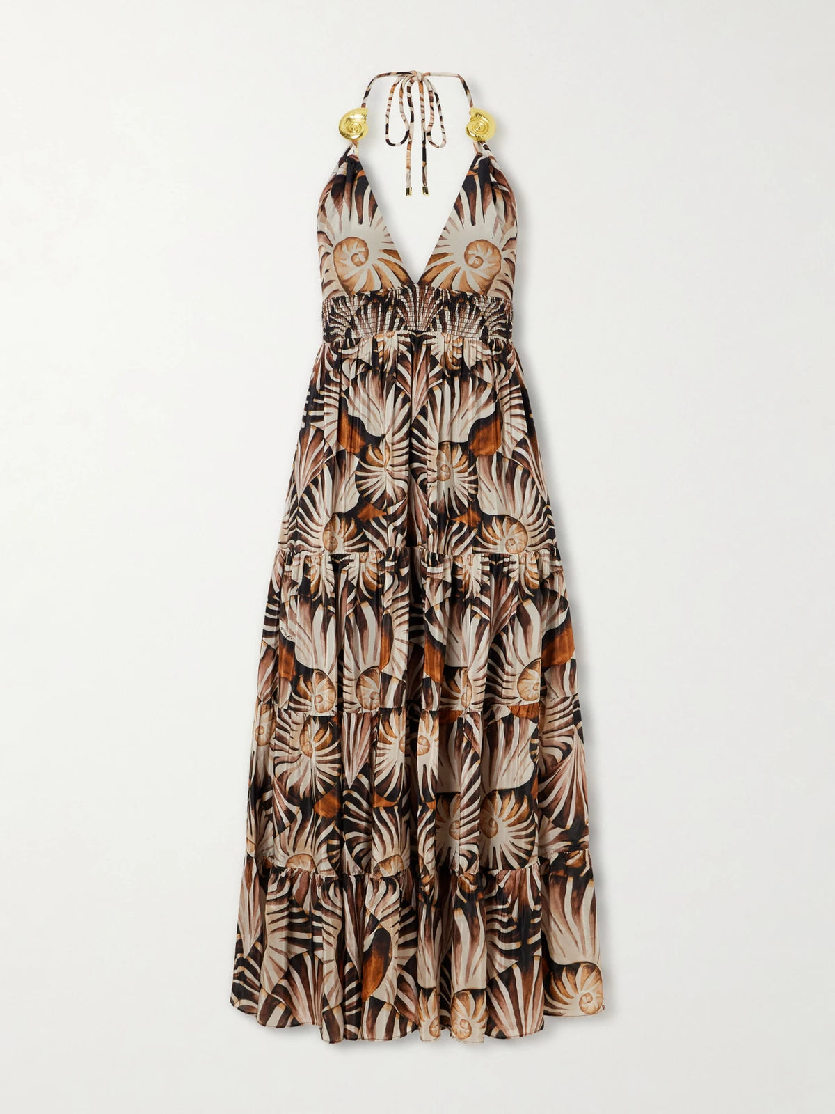 Farm Rio Embellished Printed Shirred Tiered Georgette Halterneck Midi Dress