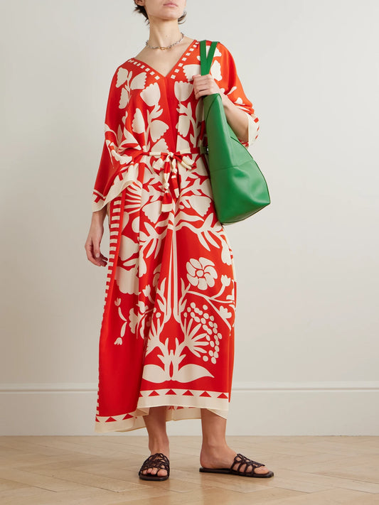 Image of Dresses. Product name - Holi Belted Printed Silk Crepe De Chine Cover-up in Red colour by brand - Eres