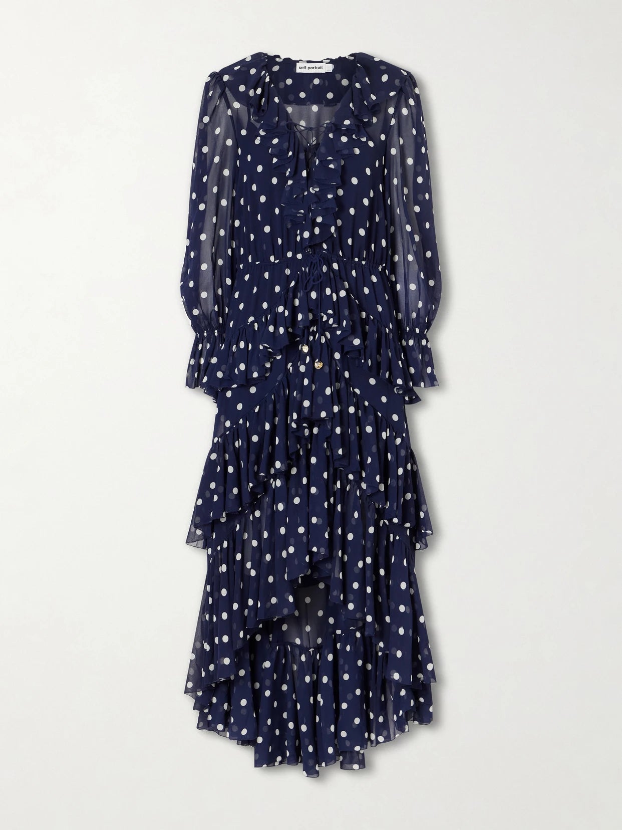 Image of Dresses. Product name - Ruffled Tiered Polka-dot Georgette Midi Dress in Navy colour by brand - Self-Portrait
