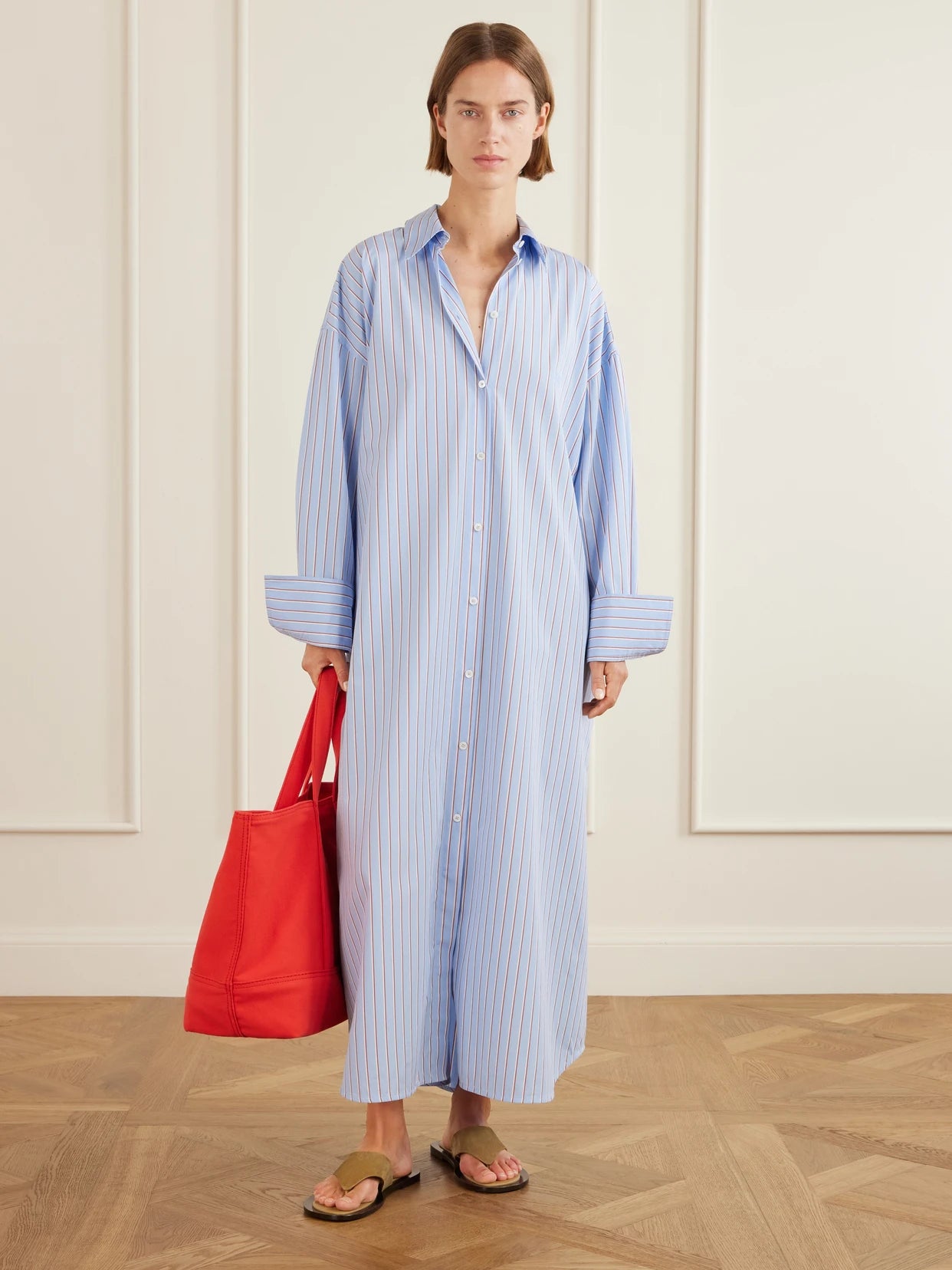 Image of Dresses. Product name - Belted Striped Cotton-poplin Maxi Shirt Dress in Light blue colour by brand - TOTEME