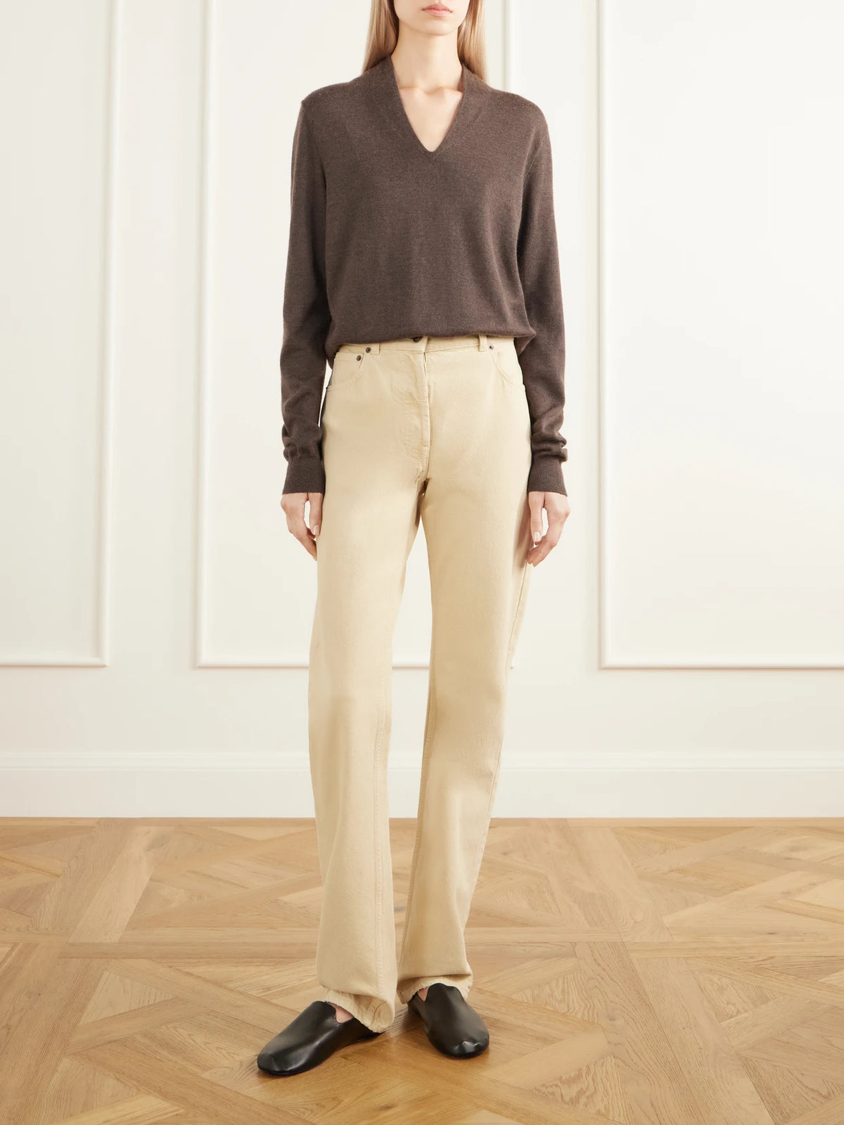 Image of Jeans. Product name - Imma Mid-rise Straight-leg Jeans in Cream, Off-white, Black colour by brand - The Row