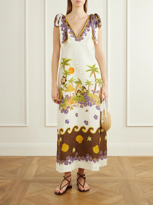 Image of Dresses. Product name - Island Cove Ballet Day Printed Linen Midi Dress in Cream colour by brand - ALÉMAIS