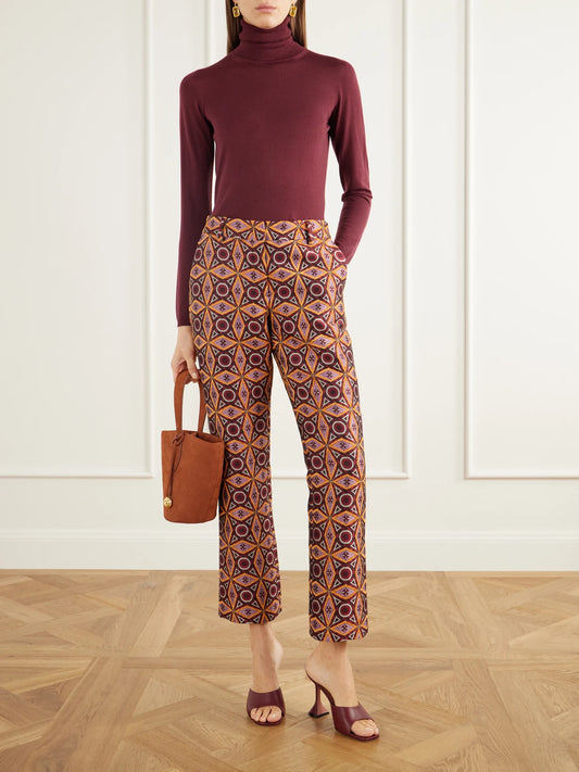 Image of a model wearing Pants. Product name - 24/7 Jacquard-knit Straight-leg Pants in Magenta colour by brand - La DoubleJ