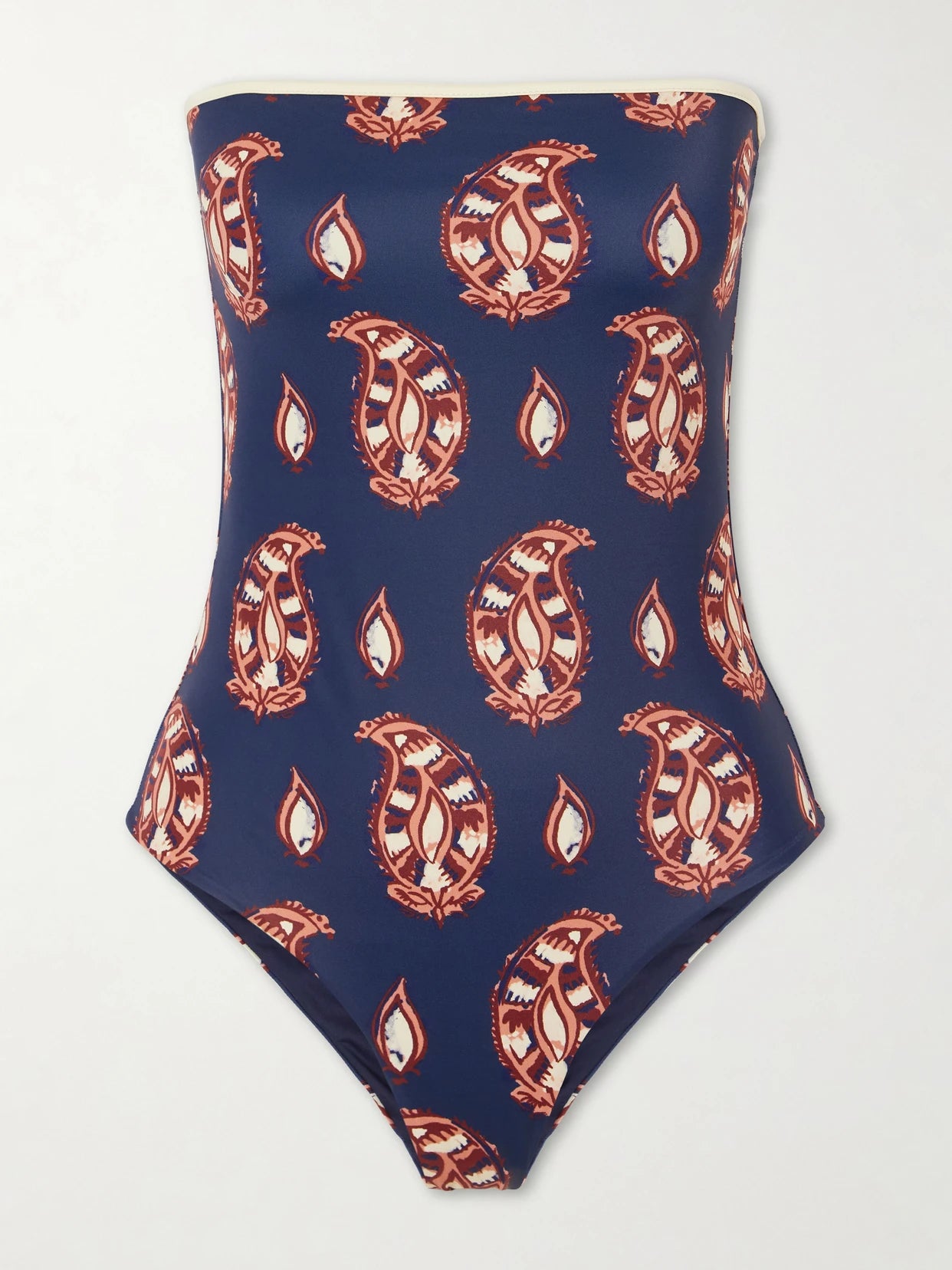 Image of Swimwear. Product name - Alta Mar Printed Strapless Swimsuit in Navy colour by brand - Johanna Ortiz