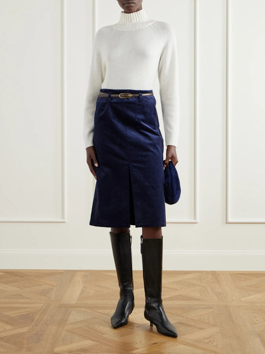 Image of a model wearing Skirts. Product name - Alexie Belted Cotton-blend Corduroy Midi Skirt in Navy colour by brand - Veronica Beard