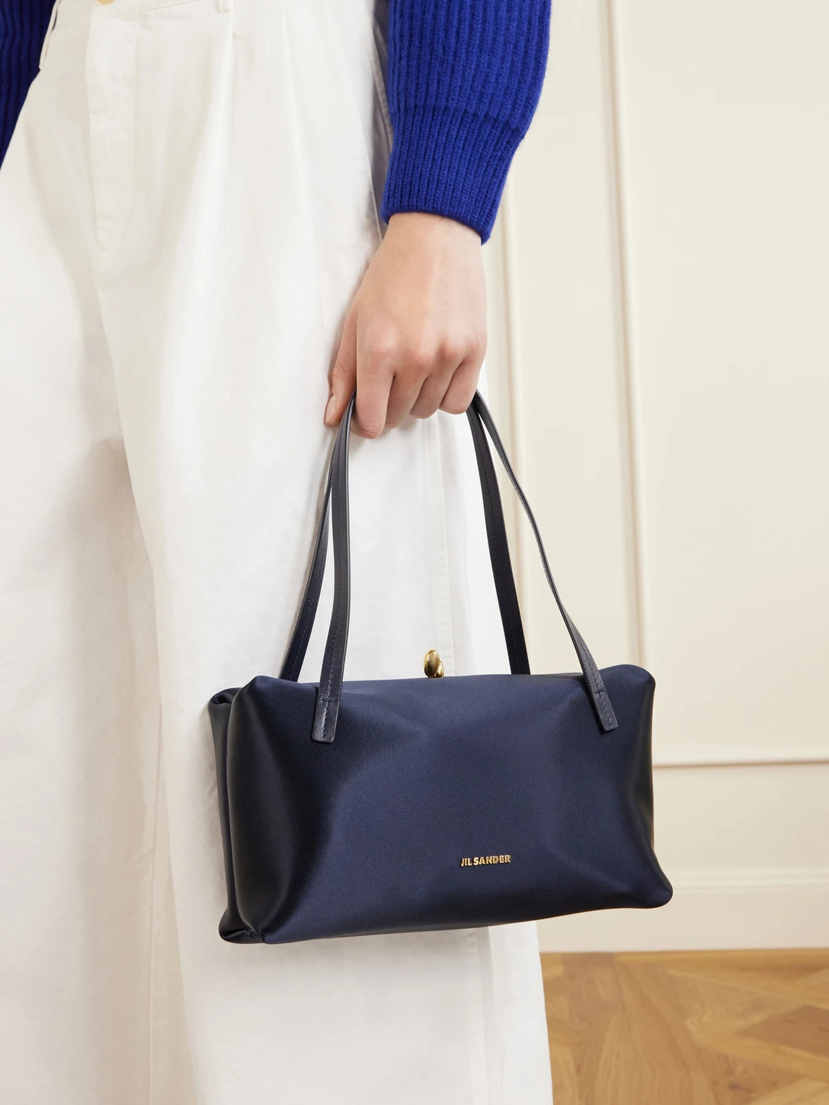 Image of Bags. Product name - Goji Pillow Satin Shoulder Bag in Navy colour by brand - Jil Sander