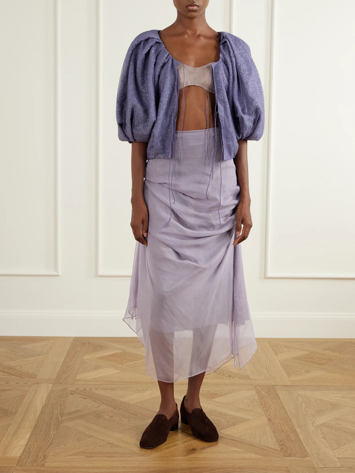 Image of a model wearing Tops. Product name - Poppy Floral-print Organza Bra in Lavender colour by brand - Pauline Dujancourt