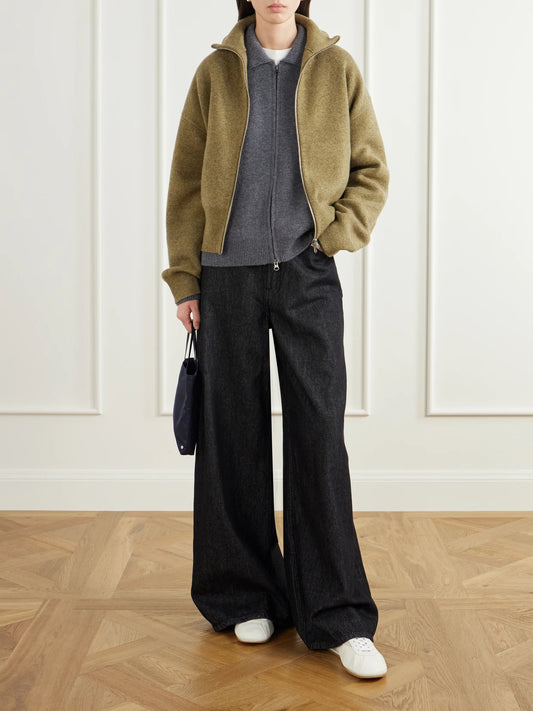 Image of a model wearing Outerwear. Product name - Xtra Cute Cashmere Zipped-up Cardigan in Light brown colour by brand - Extreme Cashmere