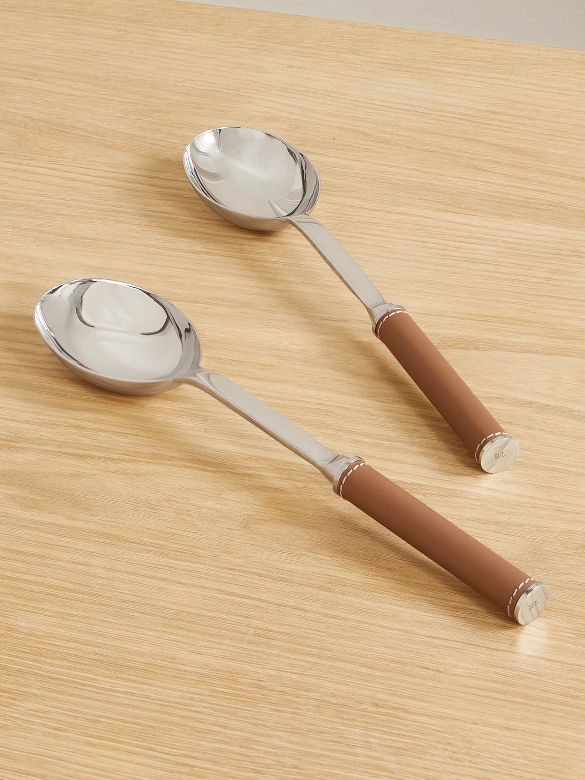 Wyatt Set Of Two Stainless Steel And Leather Salad Servers