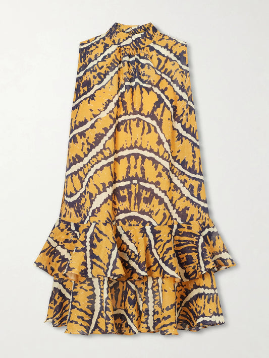 Image of Dresses. Product name - Ripple Tiered Printed Ramie Mini Dress in Yellow colour by brand - ALÉMAIS