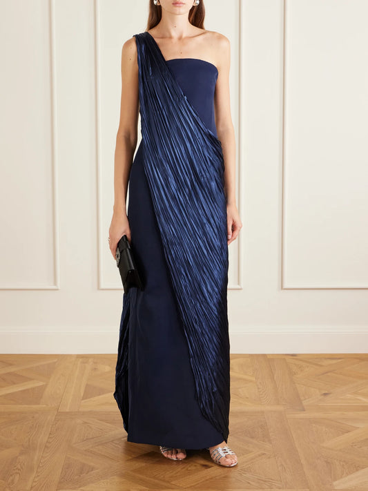 Image of Dresses. Product name - Strapless Pleated Satin-trimmed Crepe Gown in Navy colour by brand - Marmar Halim