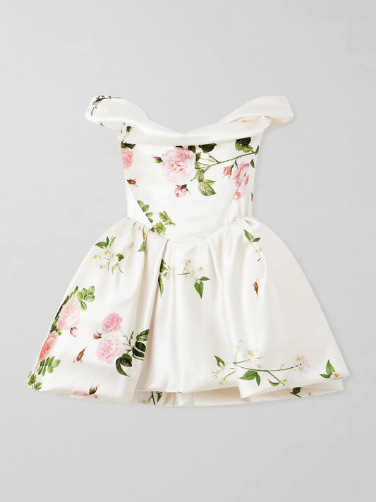 Image of Dresses. Product name - Bagatelle Off-the-shoulder Gathered Floral-print Duchesse Silk-satin Mini Dress in White colour by brand - Vivienne Westwood