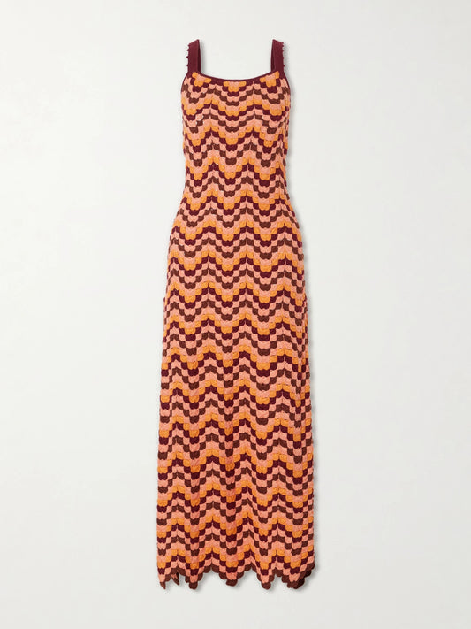Image of Dresses. Product name - Marea Striped Crocheted Cotton Maxi Dress in Orange colour by brand - ESCVDO