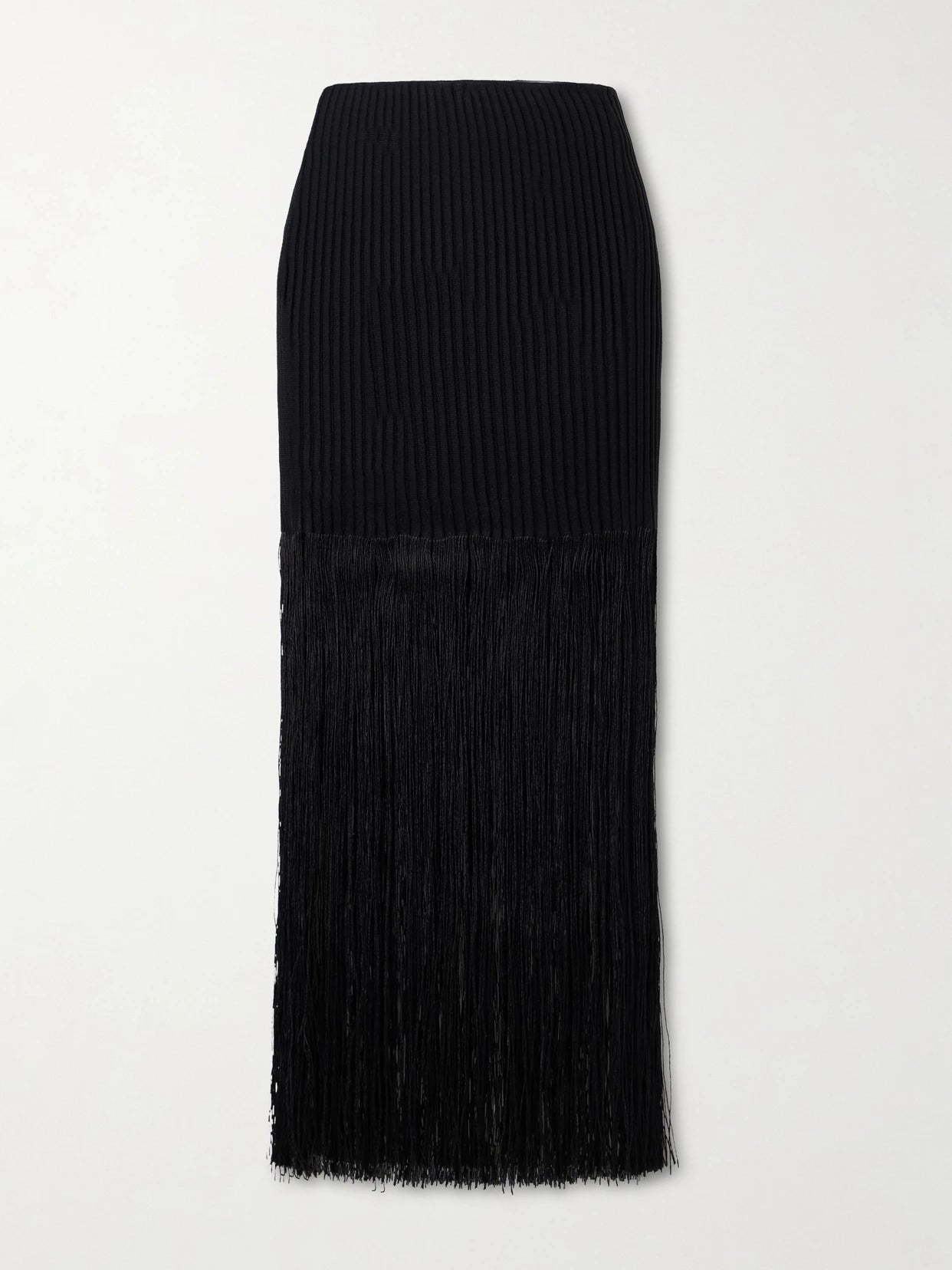Image of a model wearing Skirts. Product name - Ribbed Fringed Jersey Midi Skirt in Black colour by brand - Alaïa