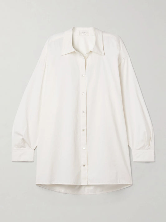 Image of a model wearing Tops. Product name - Luka Oversized Cotton And Cashmere-blend Twill Shirt in White colour by brand - The Row