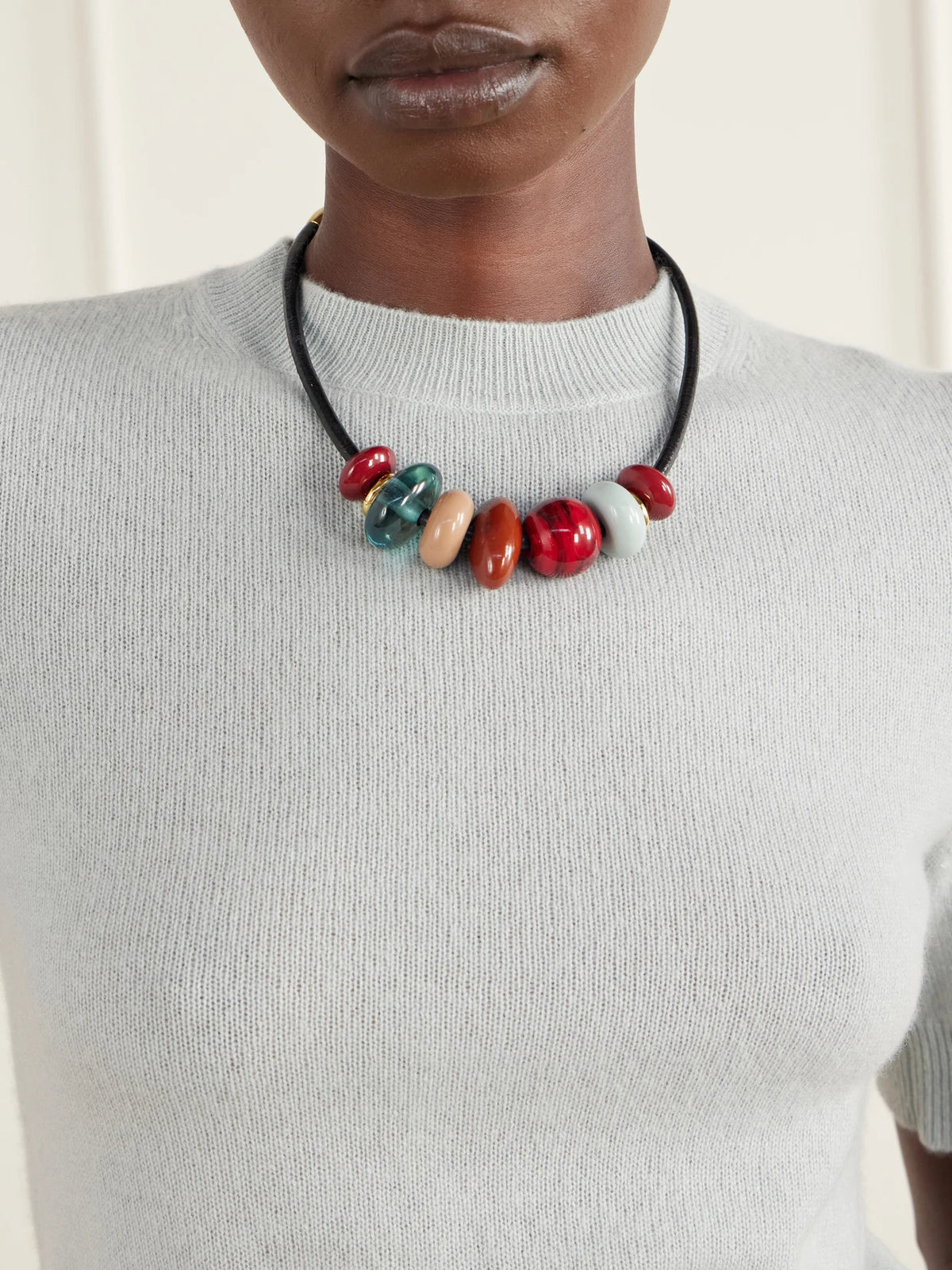 Image of Necklaces. Product name - Piedra Beaded Leather Necklace in Multi colour by brand - Lizzie Fortunato