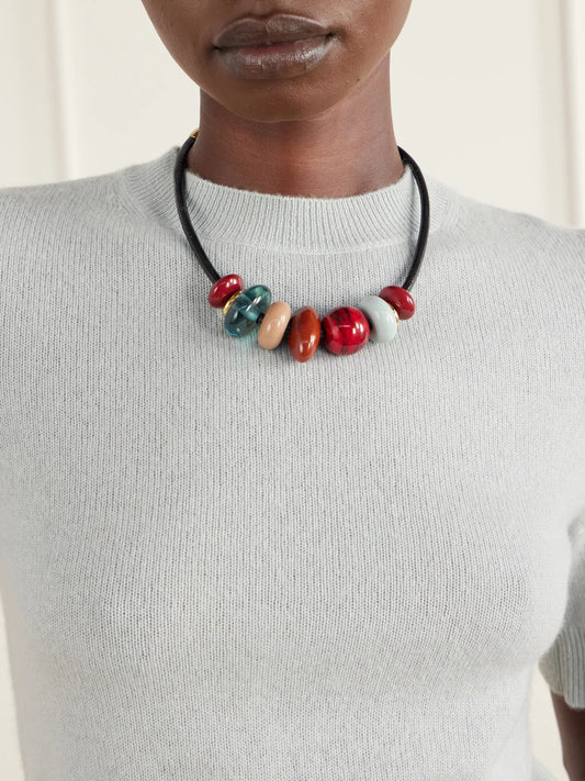 Image of Necklaces. Product name - Piedra Beaded Leather Necklace in Multi colour by brand - Lizzie Fortunato