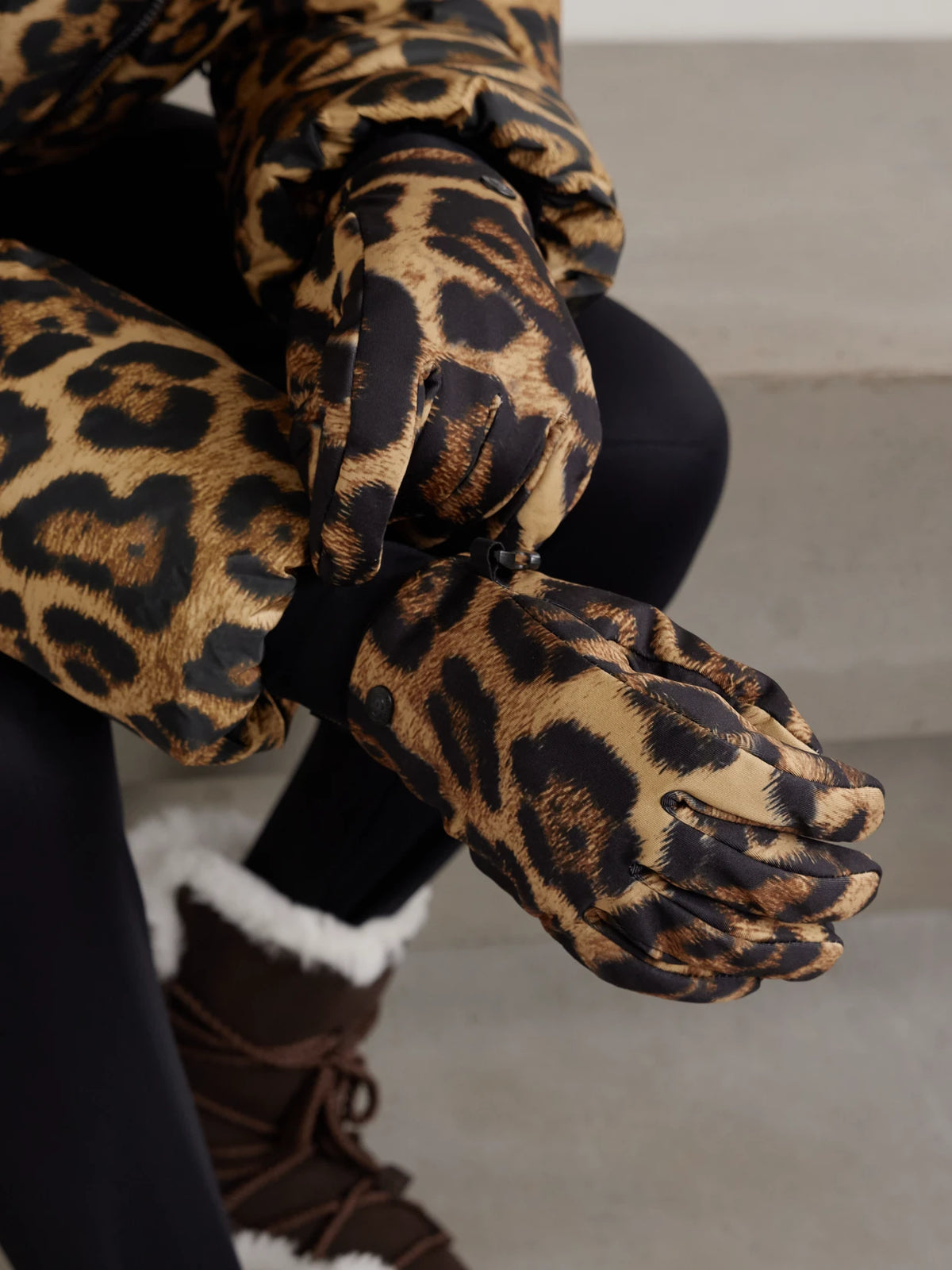 Image of Accessories. Product name - Softy Padded Jaguar-print Ski Gloves in Leopard print colour by brand - Goldbergh
