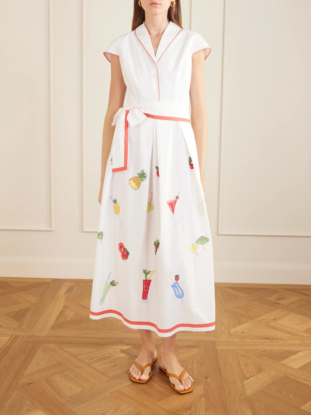 Loretta Caponi Giardino Belted Embroidered Cotton-poplin Dress