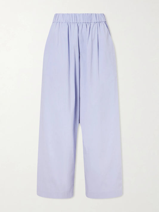 Image of a model wearing Pants. Product name - Everyday Cotton-blend Poplin Wide-leg Pants in Light blue colour by brand - ST. AGNI