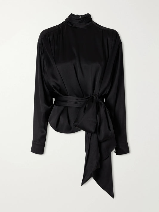 Balmain Belted Gathered Silk-satin Blouse