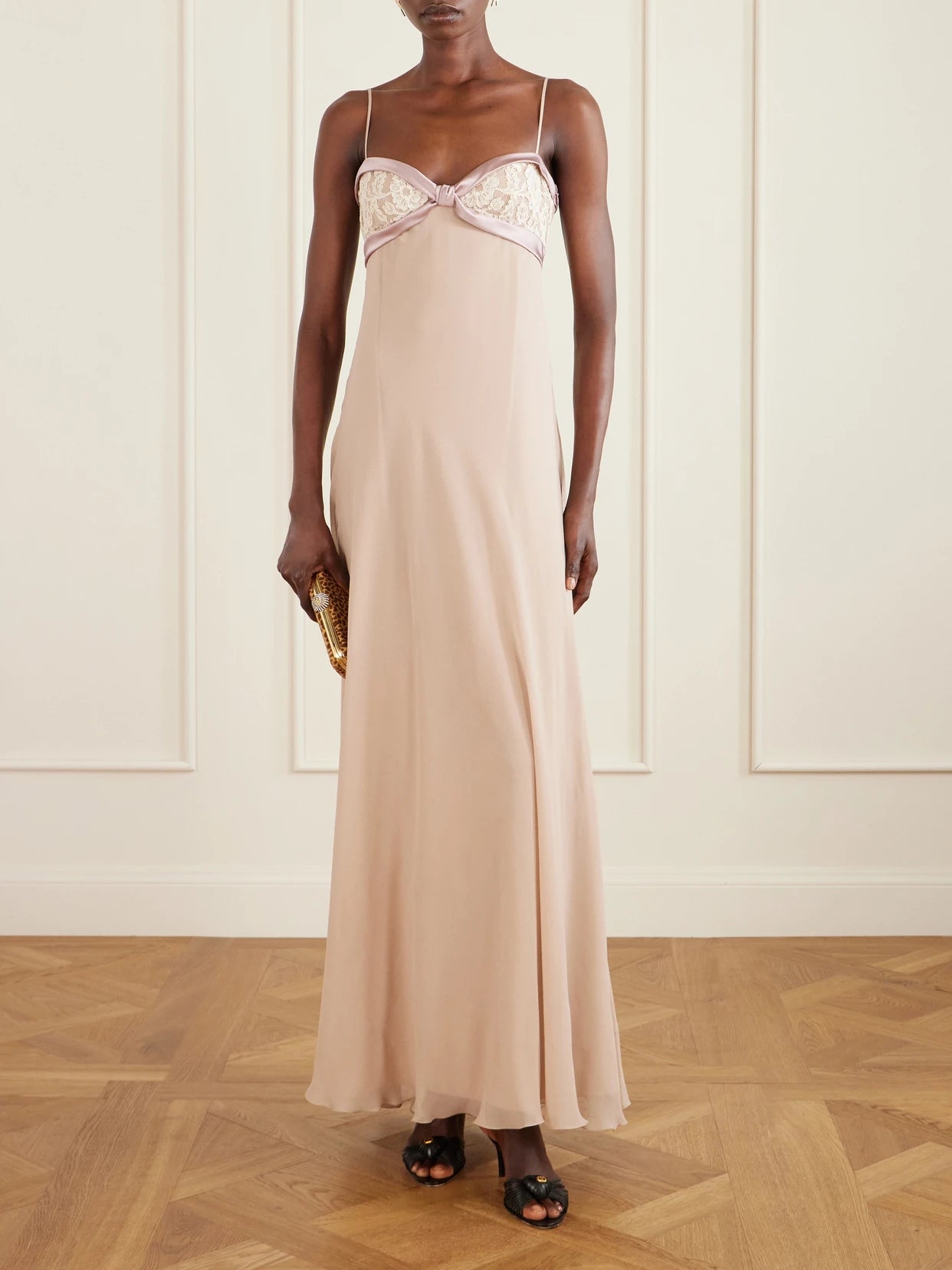 Image of Dresses. Product name - Lace- And Satin-trimmed Silk-georgette Gown in Pastel pink colour by brand - Valentino Garavani
