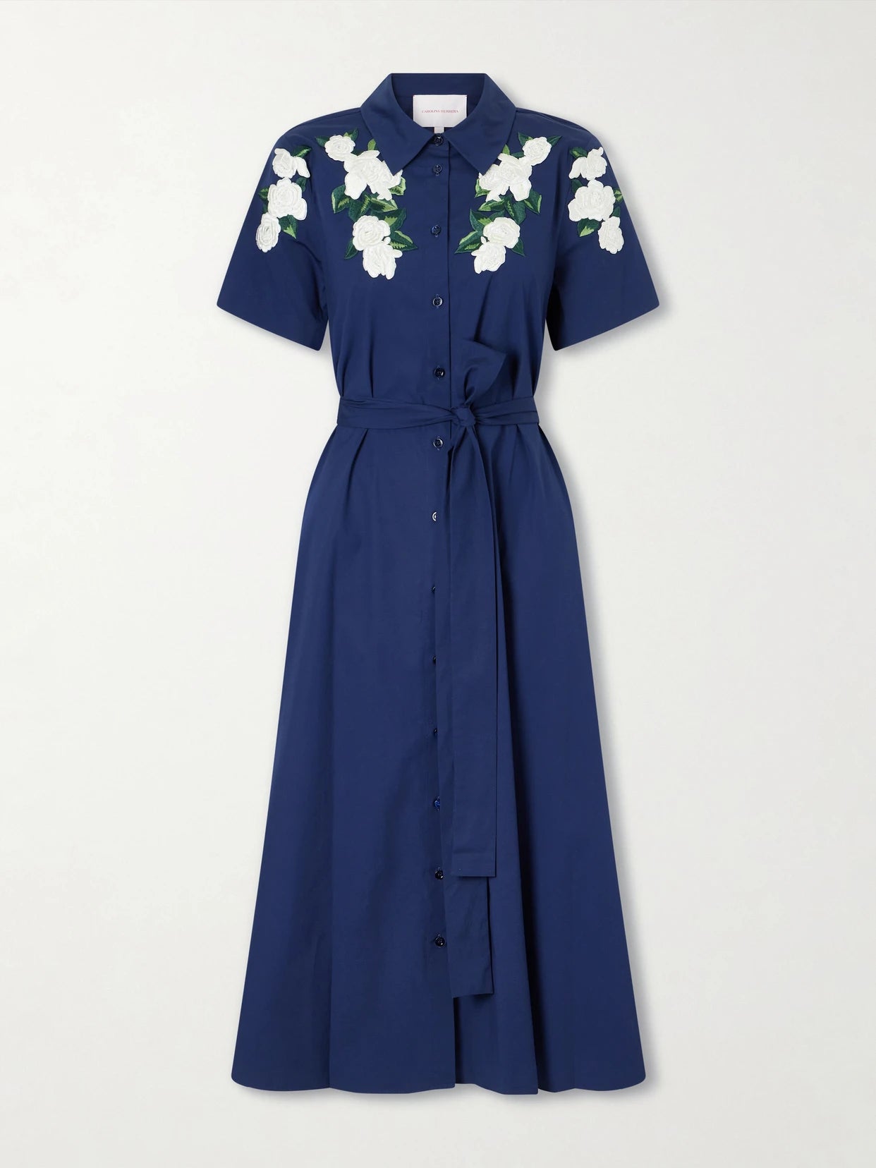 Belted Floral-embroidered Cotton-blend Midi Dress