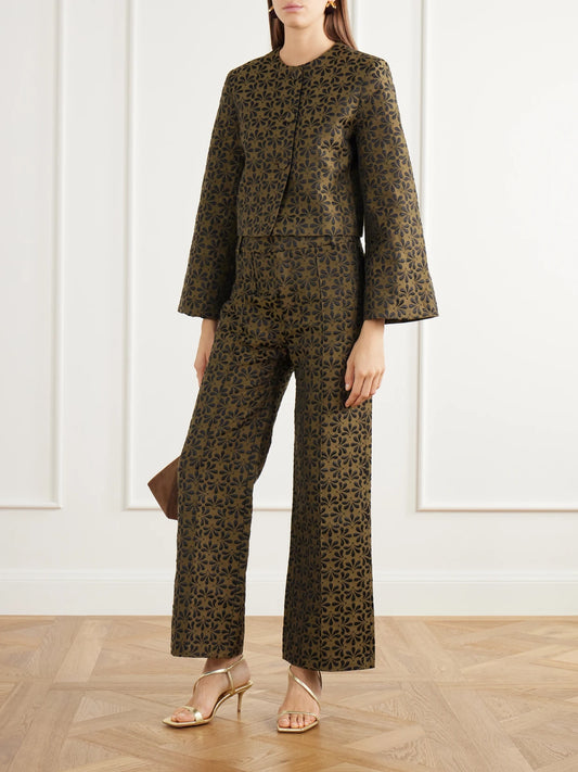 Image of Outfit Sets. Product name - Yoshitomo Pintucked Floral-jacquard Wide-leg Pants in Multi colour by brand - DESTREE