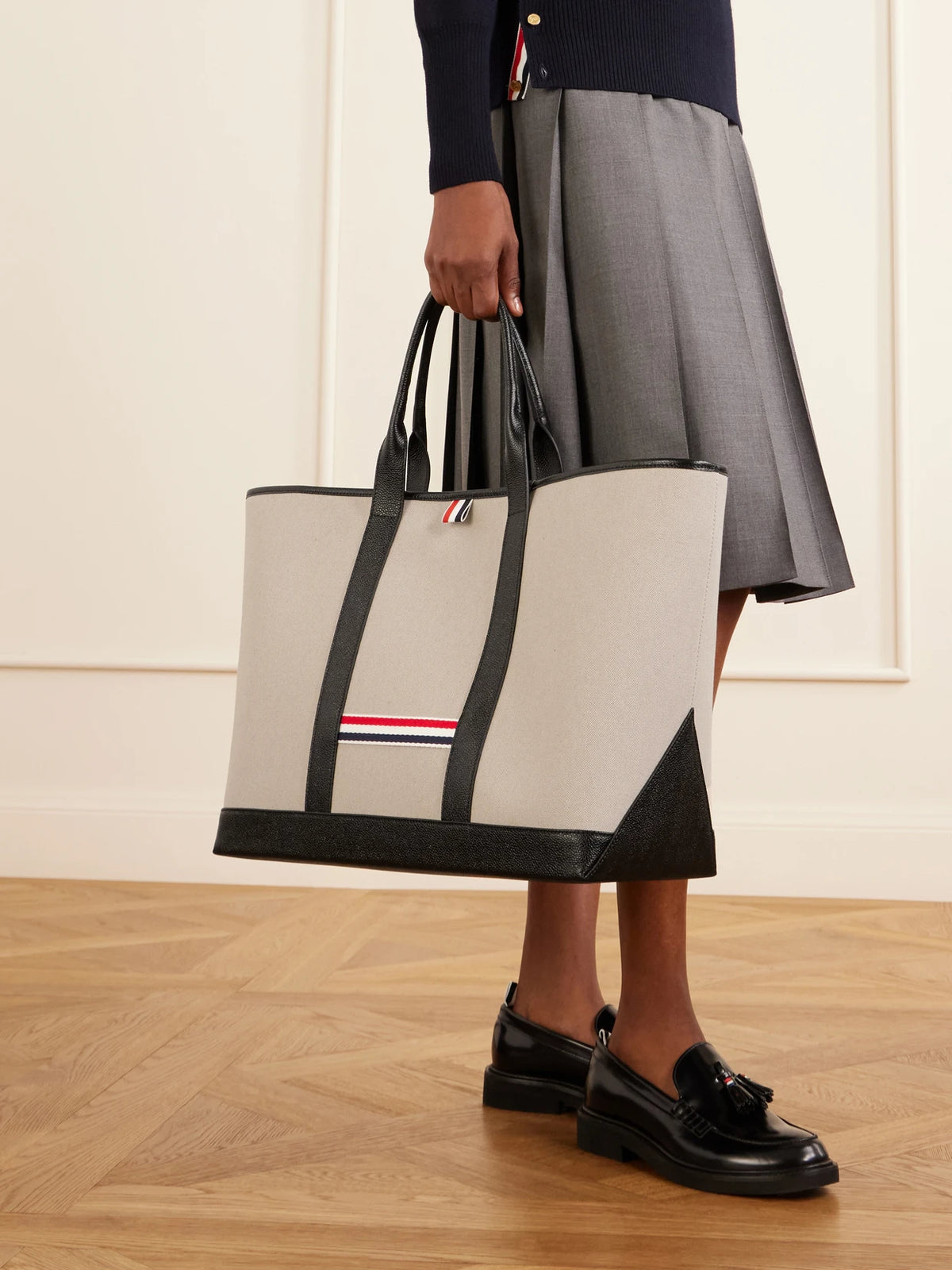 Image of Bags. Product name - Tool Leather And Grosgrain-trimmed Canvas Tote in Black colour by brand - Thom Browne