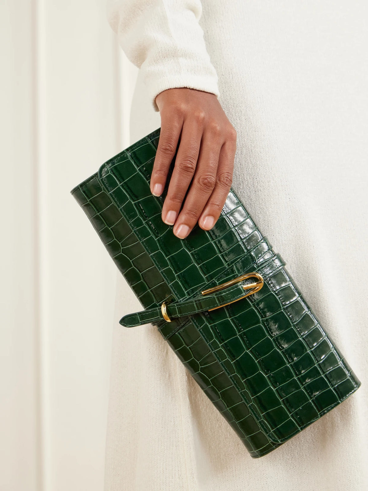 Image of Bags. Product name - Belted Croc-effect Leather Clutch in Green colour by brand - Liffner
