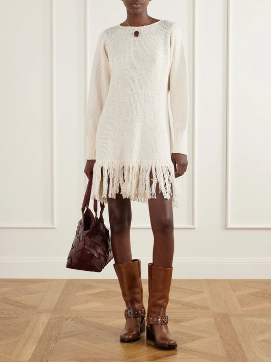 Image of Dresses. Product name - Renny Fringe-detailed Open-knit Cotton Mini Dress in Off-white colour by brand - ALIX OF BOHEMIA