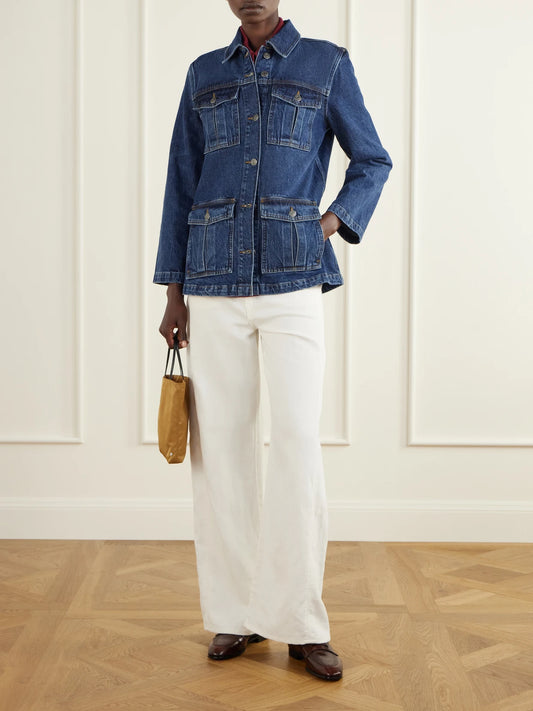 Image of Coats & Jackets. Product name - The Denim Utility Denim Jacket in Dark denim colour by brand - FRAME