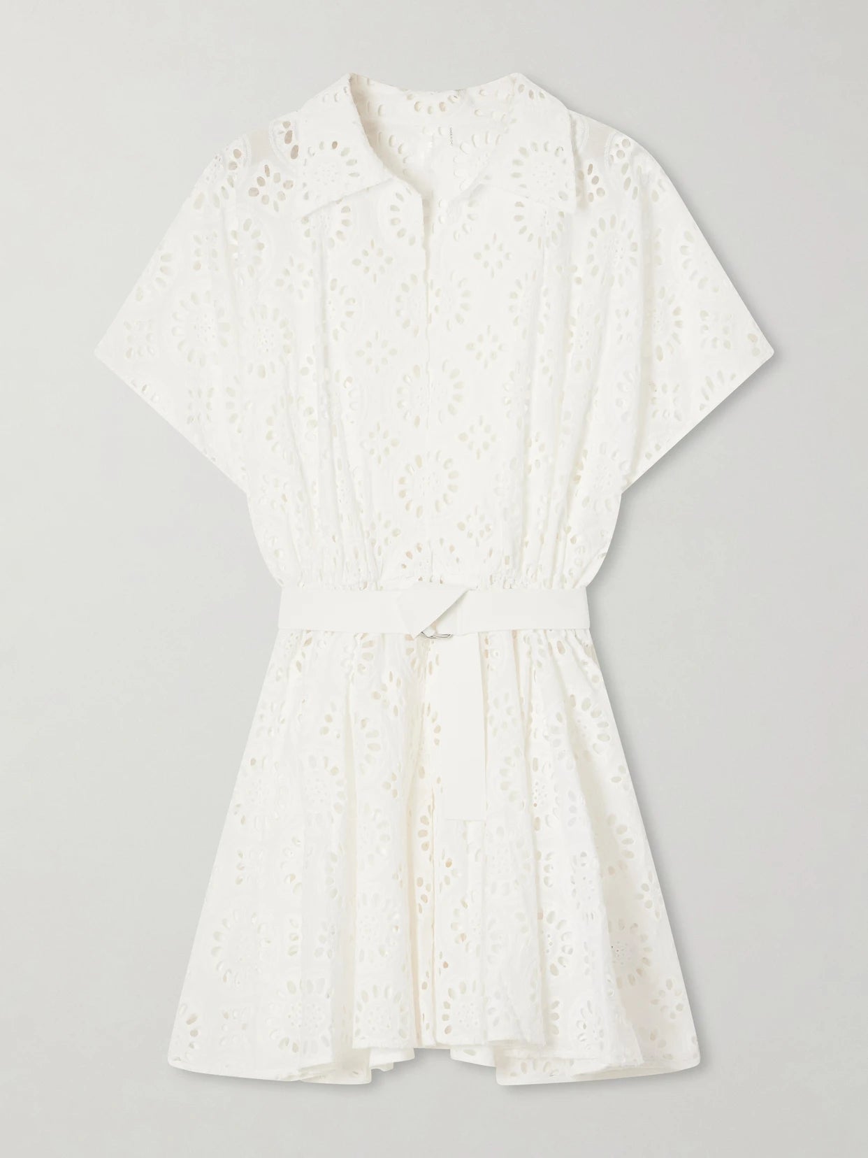 Image of Dresses. Product name - Belted Broderie Anglaise Cotton Mini Dress in White colour by brand - Norma Kamali