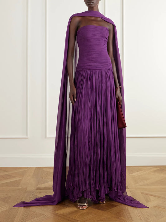 Image of Dresses. Product name - Cape-effect Strapless Ruched Plissé Crepe Bustier Gown in Purple colour by brand - Marmar Halim