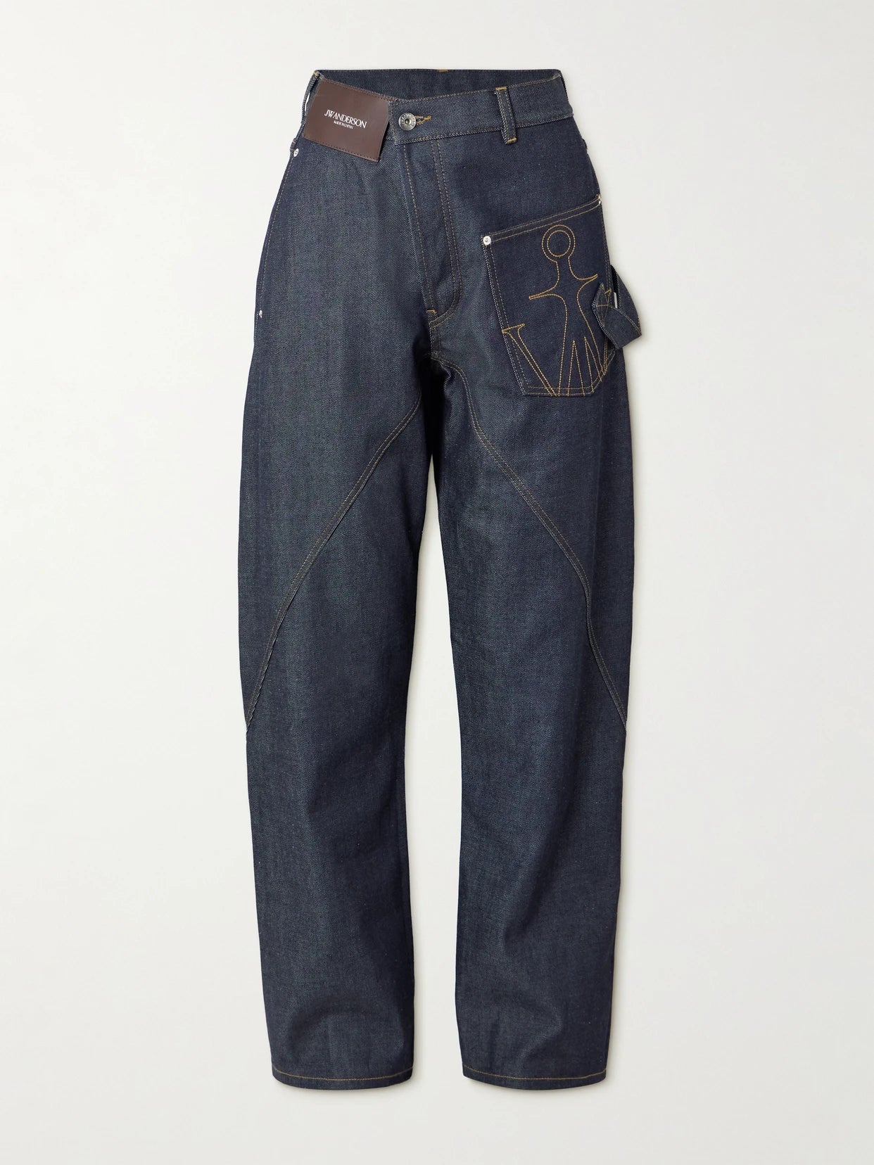 Image of Jeans. Product name - Twisted Asymmetric Embroidered High-rise Jeans in Indigo colour by brand - JW Anderson