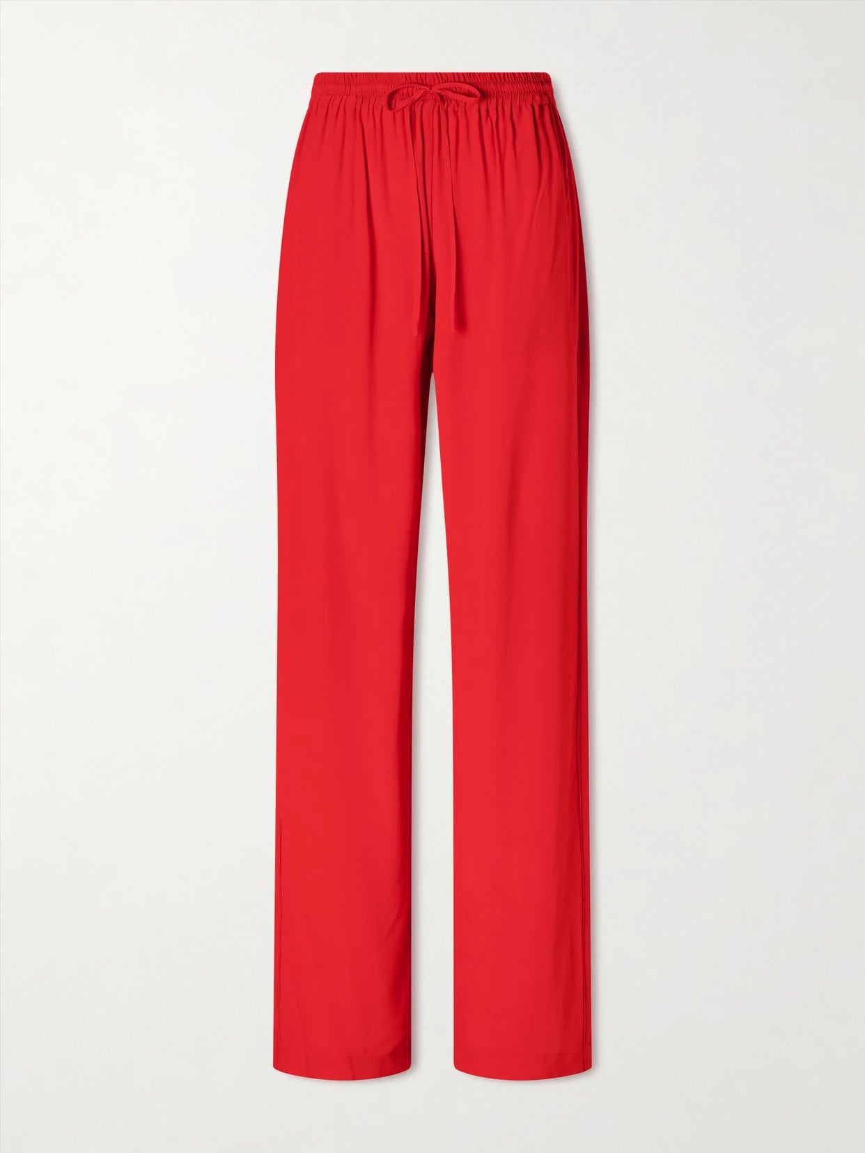 Image of a model wearing Pants. Product name - Tuileries Satin-trimmed Silk-tulle Straight-leg Pants in Red colour by brand - Sharon Wauchob