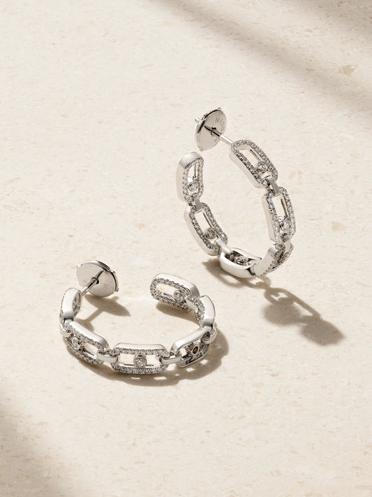 Small Move Link 18-karat White Gold Diamond Hoop Earrings