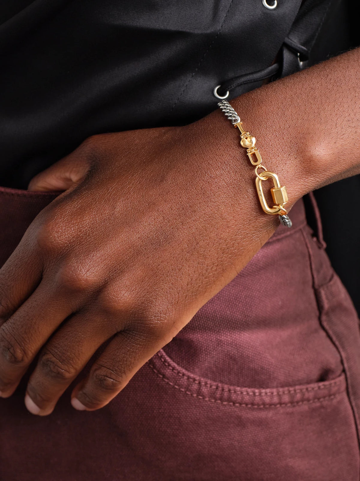 Image of Bracelets. Product name - Curb Talking + Chubby Babylock Silver And 14-karat Yellow Gold Bracelet in Multi colour by brand - Marla Aaron