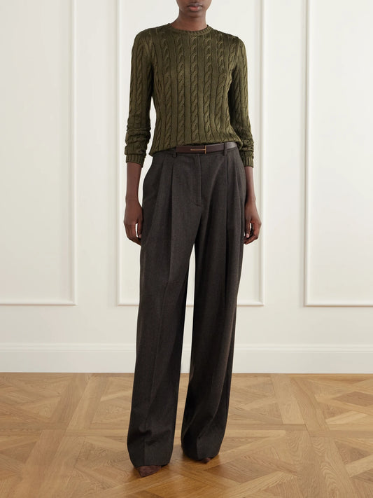 Image of a model wearing Outerwear. Product name - Cable-knit Silk-blend Sweater in Army green colour by brand - Ralph Lauren Collection