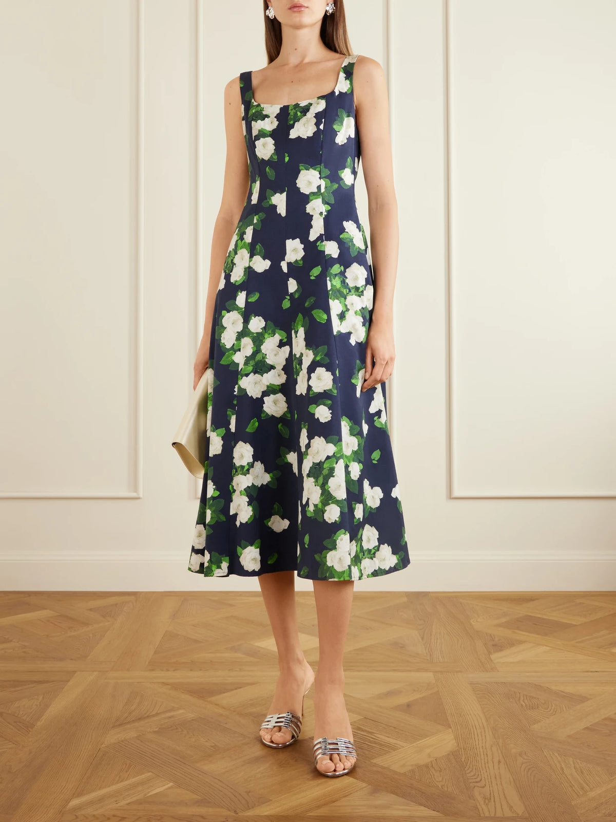 Image of Dresses. Product name - Floral-print Faille Midi Dress in Navy colour by brand - Carolina Herrera