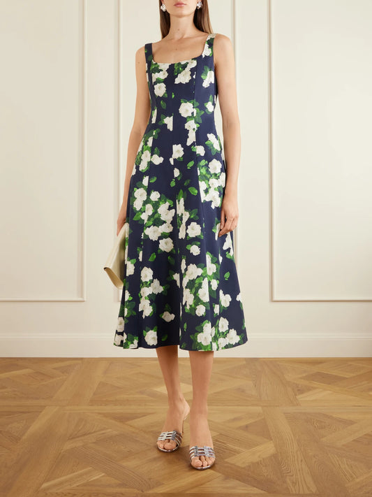 Image of Dresses. Product name - Floral-print Faille Midi Dress in Navy colour by brand - Carolina Herrera