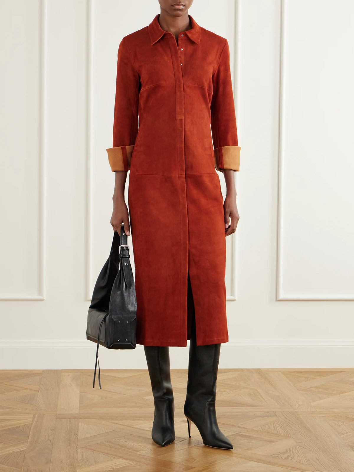Image of Dresses. Product name - Becky Suede Midi Dress in Orange colour by brand - STOULS