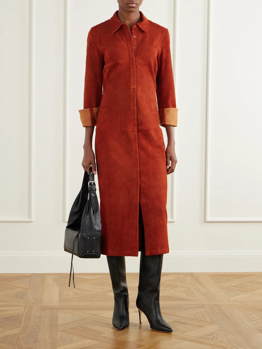 Image of Dresses. Product name - Becky Suede Midi Dress in Orange colour by brand - STOULS